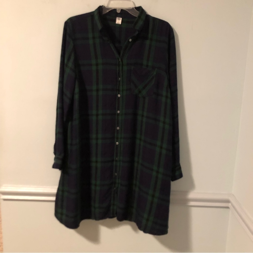 Old Navy Green & Navy Blue Plaid Long Sleeve Button Down Mini Dress Size Medium